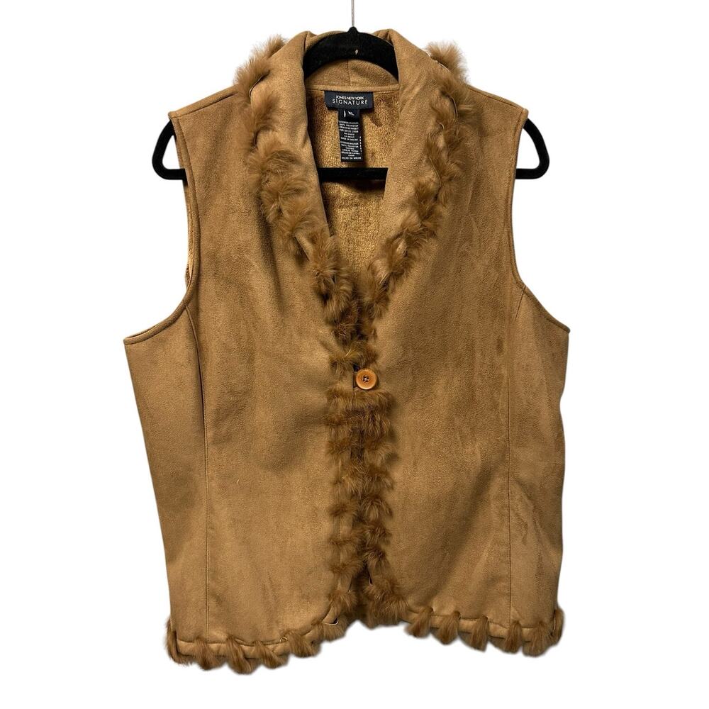 Y2K Jones New York Signature Brown Faux Suede Dyed Rabbit Trim Vest Womens XL